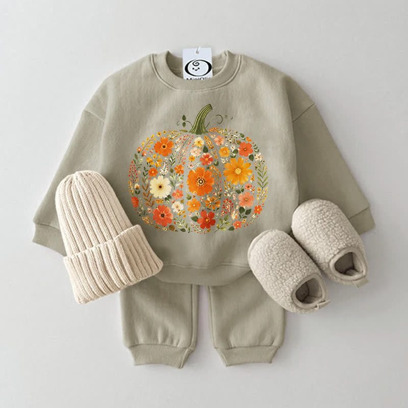 Baby Pumpkin Made of Flowers Grey Green Sweatshirt 2-piece Set - Grey Green - 2-3T - image 1