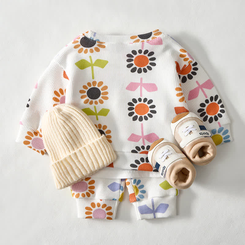 Baby Flower Print White Waffle Sweatshirt 2-piece Set - image 3