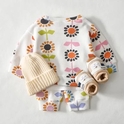 Baby Flower Print White Waffle Sweatshirt 2-piece Set - image 3