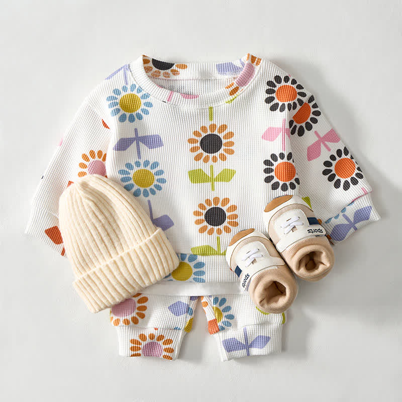 Baby Flower Print White Waffle Sweatshirt 2-piece Set - image 2