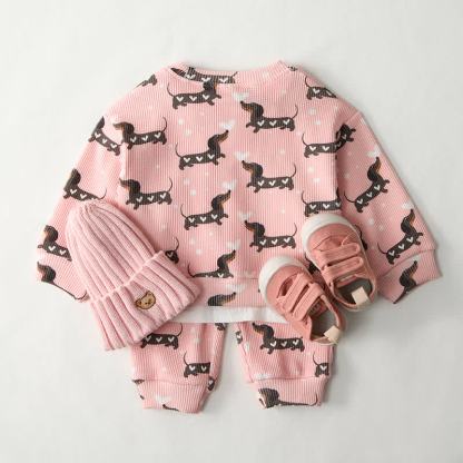 Baby Daschund & Heart Print Pink Waffle 2-piece Set - image 2
