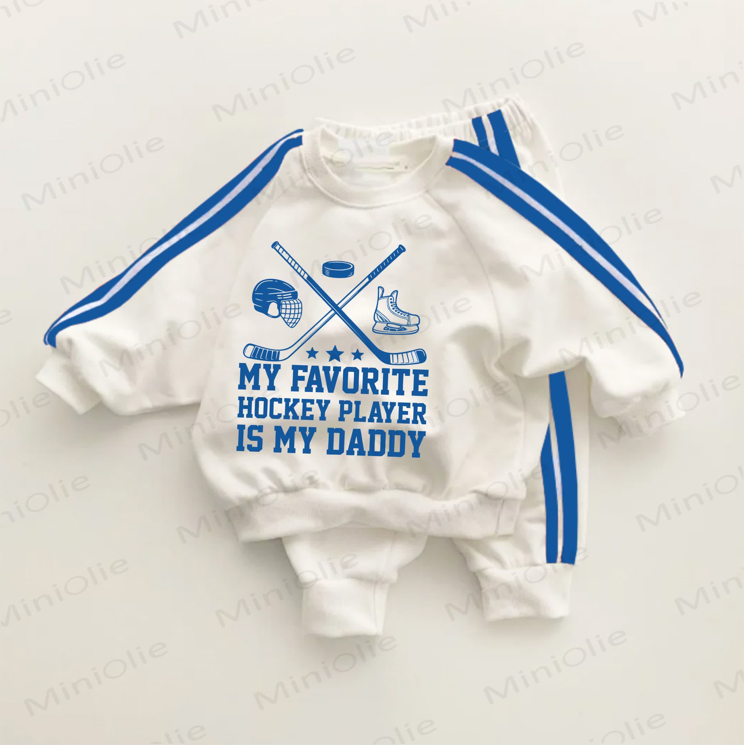 MY FAVORITE HOCKEY PLAYER IS MY DADDY Blue Striped 2-piece Set - White&Blue - 3-5T - image 1