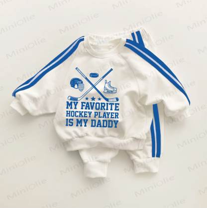 MY FAVORITE HOCKEY PLAYER IS MY DADDY Blue Striped 2-piece Set - White&Blue - 3-5T - image 1