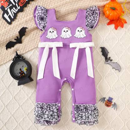 Baby Halloween Bow Flutter Sleeve Onesie - Purple - 12-18M - image 2