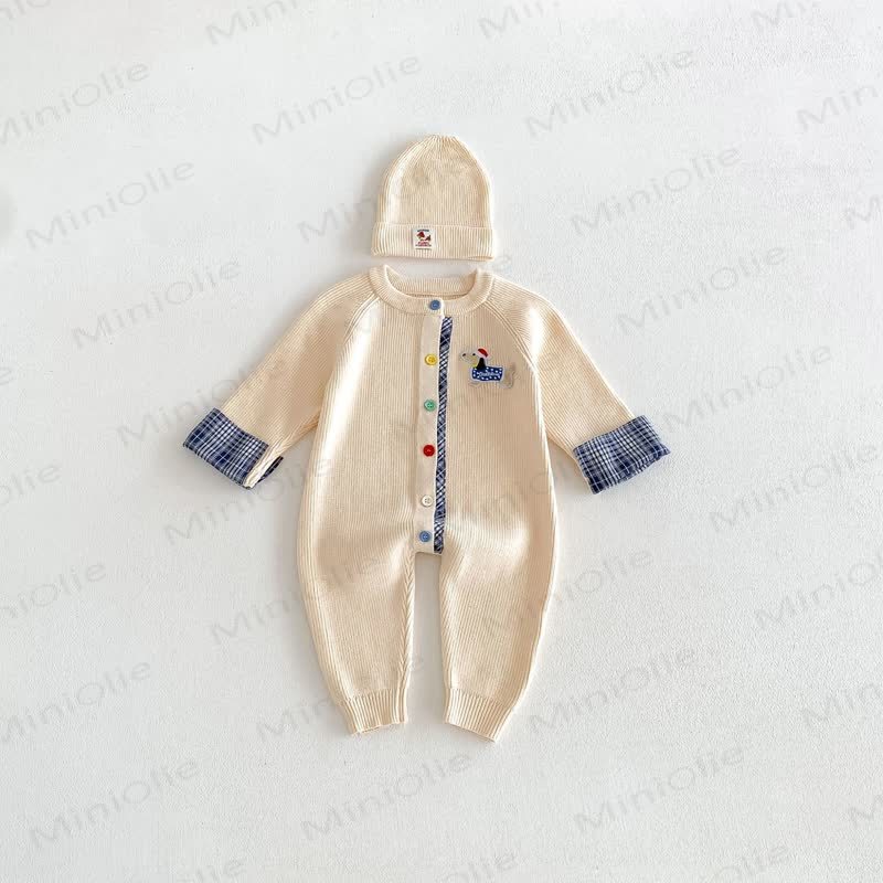 Baby Ribbed Knit Plaid Cuff Romper Set with Hat - Beige - 18-24M - image 5