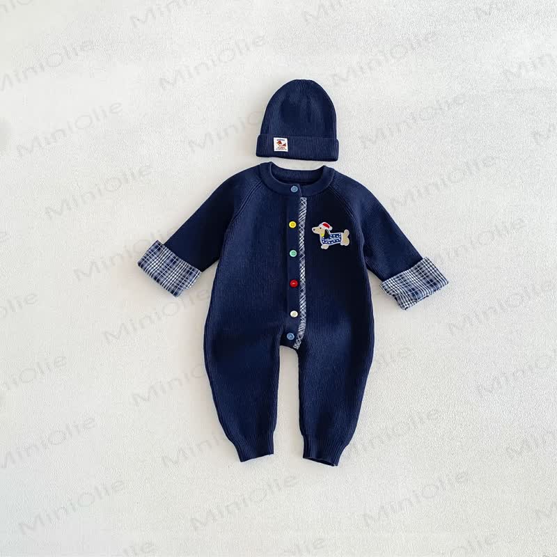 Baby Ribbed Knit Plaid Cuff Romper Set with Hat - Navy - 18-24M - image 6