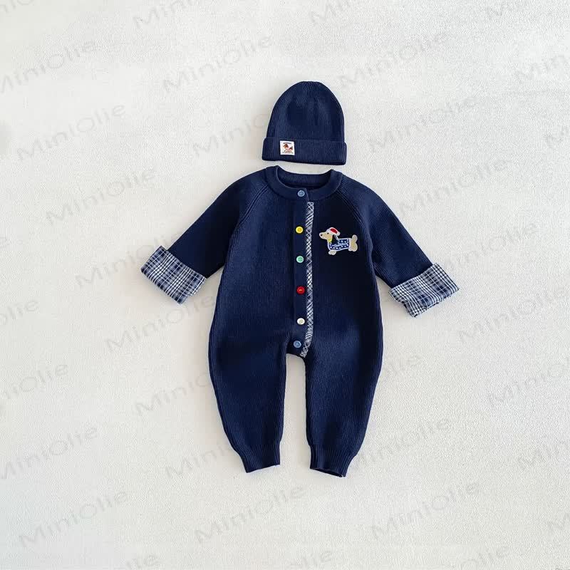 Baby Ribbed Knit Plaid Cuff Romper Set with Hat - Navy - 18-24M - image 6