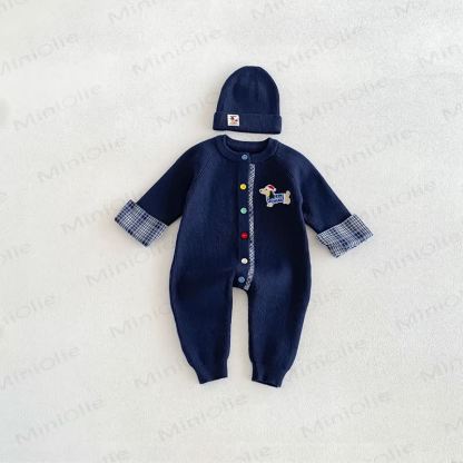 Baby Ribbed Knit Plaid Cuff Romper Set with Hat - Navy - 18-24M - image 6