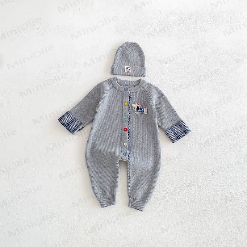 Baby Ribbed Knit Plaid Cuff Romper Set with Hat - Gray - 18-24M - image 7
