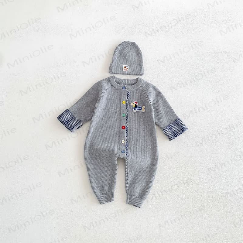 Baby Ribbed Knit Plaid Cuff Romper Set with Hat - Gray - 18-24M - image 7