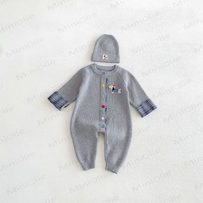 Baby Ribbed Knit Plaid Cuff Romper Set with Hat - Gray - 18-24M - image 7