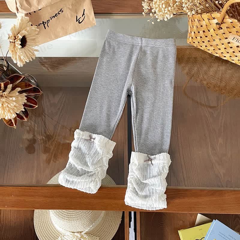 Toddler Girl Soft Ribbed Lace Bow Hem Leggings - Gray - 6-7T - image 4