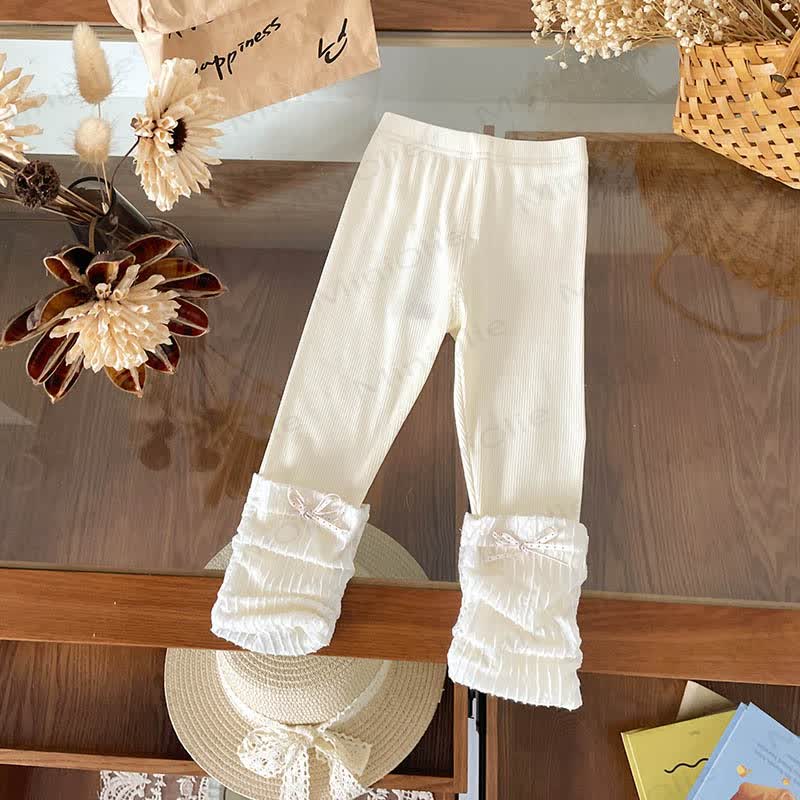 Toddler Girl Soft Ribbed Lace Bow Hem Leggings - Beige - 6-7T - image 5