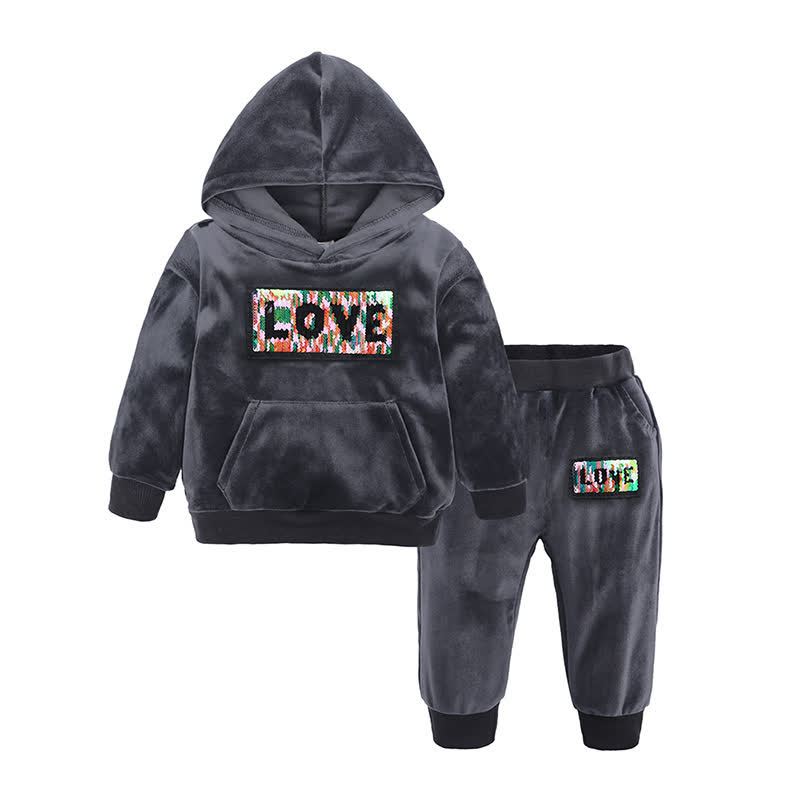 Toddler Velour Contrast Hoodie and Jogger 2-piece Set - Gray Slogan - 8-9T - image 15