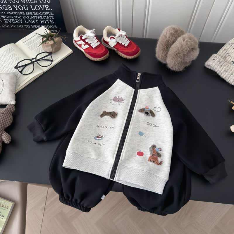 Toddler Cartoon Print Zip Jacket and Pants 2-piece Set - Black - 10-11T - image 1