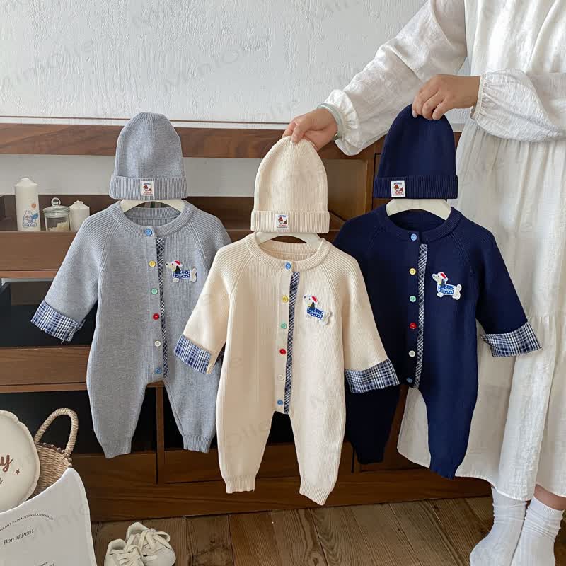 Baby Ribbed Knit Plaid Cuff Romper Set with Hat - image 1