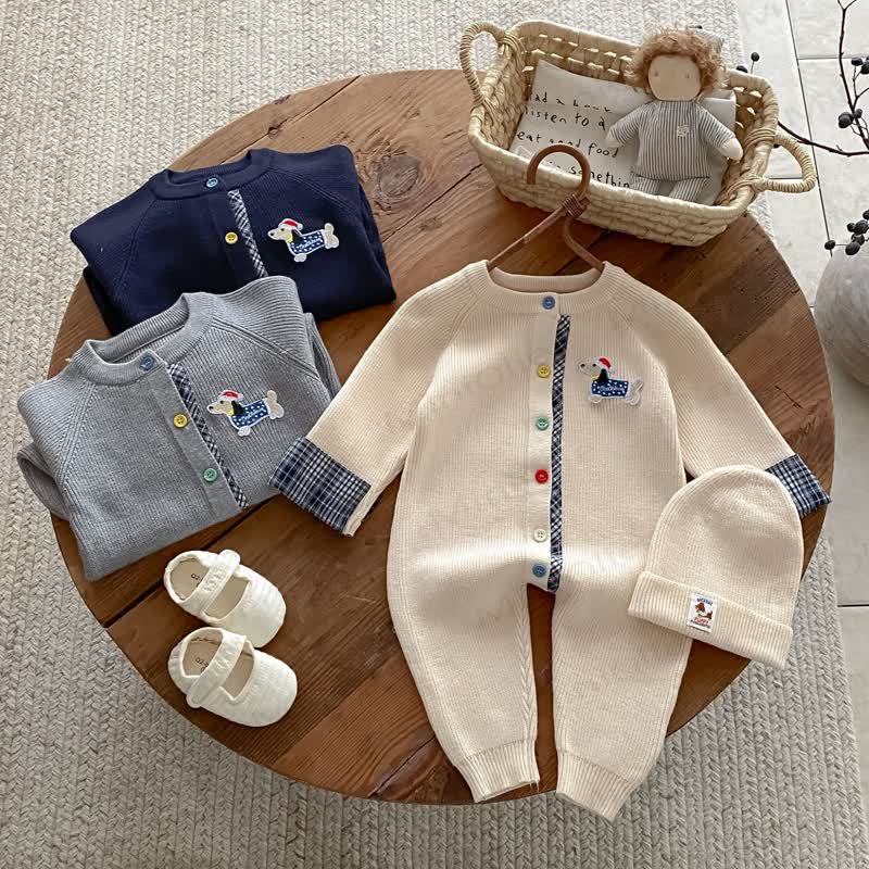 Baby Ribbed Knit Plaid Cuff Romper Set with Hat - image 4