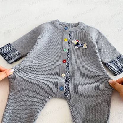 Baby Ribbed Knit Plaid Cuff Romper Set with Hat - image 12