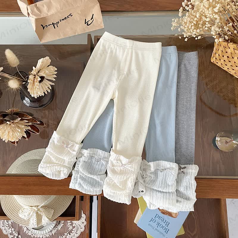 Toddler Girl Soft Ribbed Lace Bow Hem Leggings - image 1