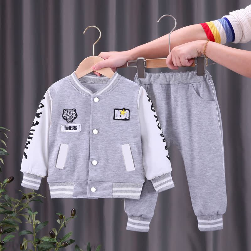 Toddler Contrast Sleeve Varsity Jacket and Jogger 2-piece Set - Gray - 4-5T - image 2