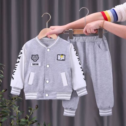 Toddler Contrast Sleeve Varsity Jacket and Jogger 2-piece Set - Gray - 4-5T - image 2