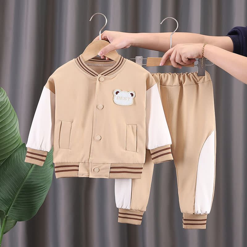Toddler Contrast Sleeve Varsity Jacket and Jogger 2-piece Set - Beige - 4-5T - image 5