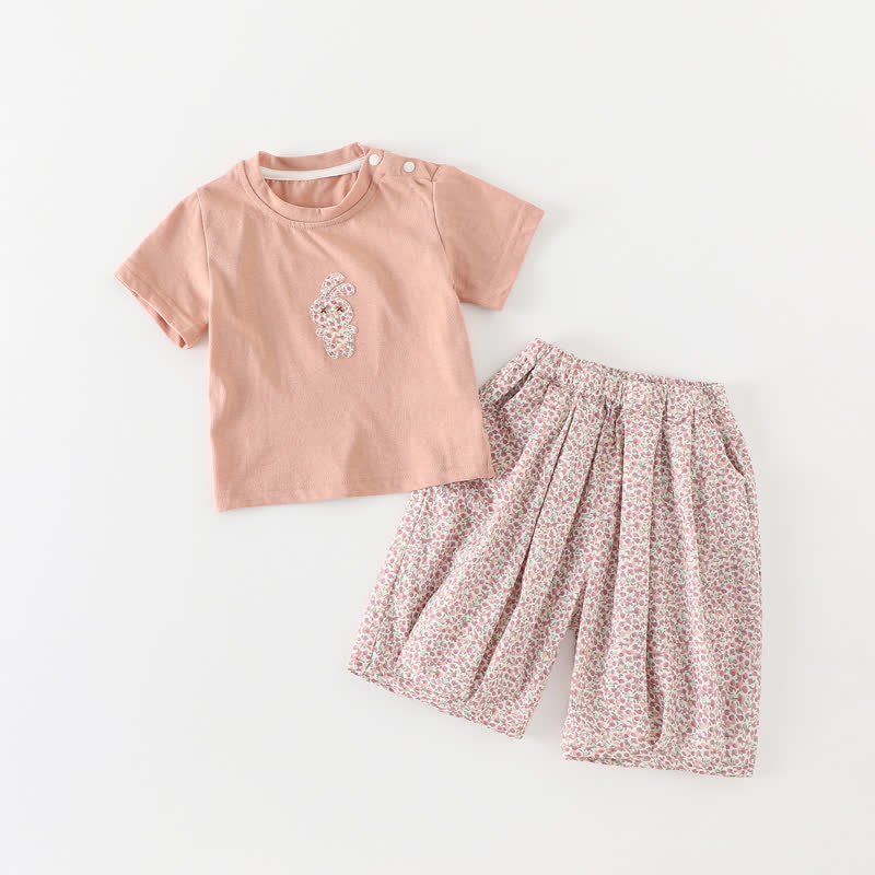 Baby Pink Bunny Tee and Floral Pants 2-piece Set - Pink - 2-3T - image 1