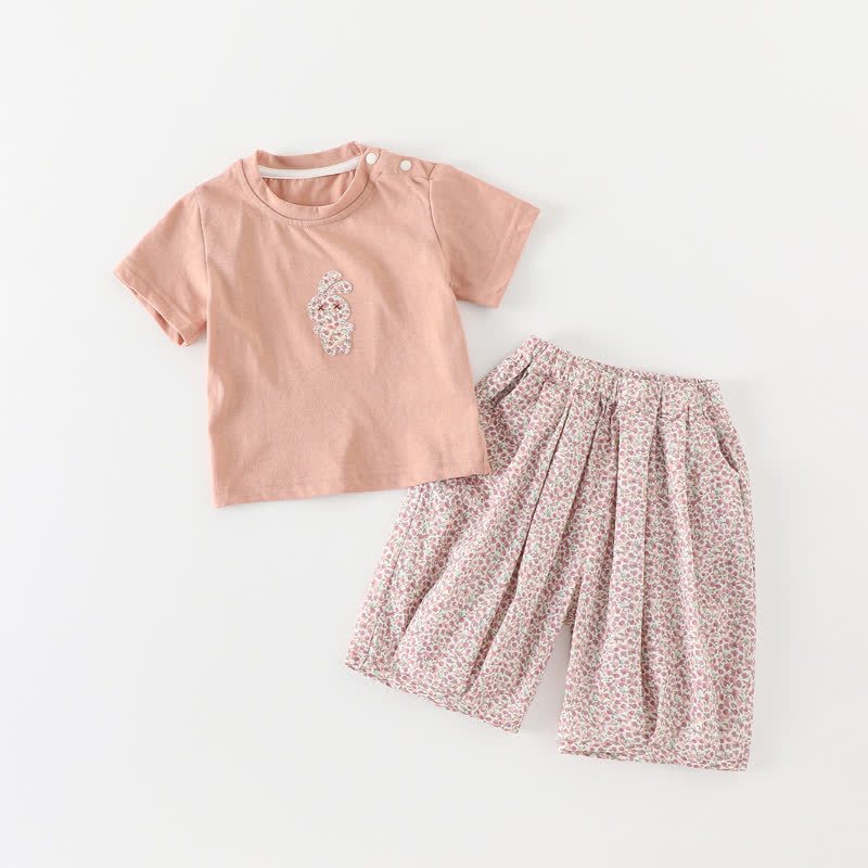 Baby Pink Bunny Tee and Floral Pants 2-piece Set - Pink - 2-3T - image 1