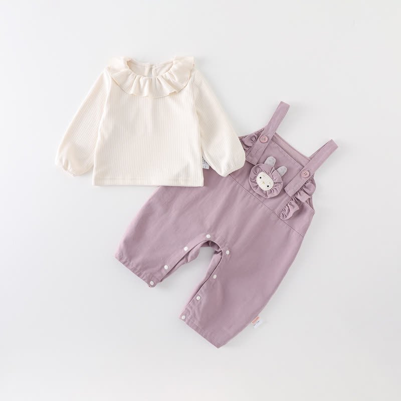 Baby White Ruffle Collar Top and Purple Bunny Overalls 2-piece Set - Purple - 2-3T - image 1