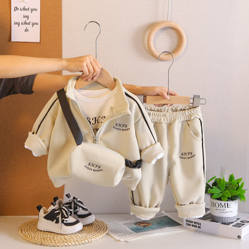SHFS FUZZY BUDDY Toddler Boy Zip Jacket and Jogger with Bag 3-piece Set - White - 4-5T - image 2