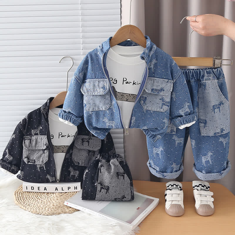 Toddler Baby Horse Denim Jacket and Pants 3-piece Set - image 1