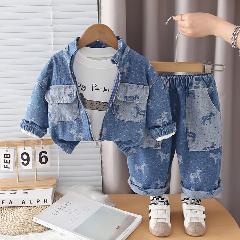 Toddler Baby Horse Denim Jacket and Pants 3-piece Set - Blue - 4-5T - image 3