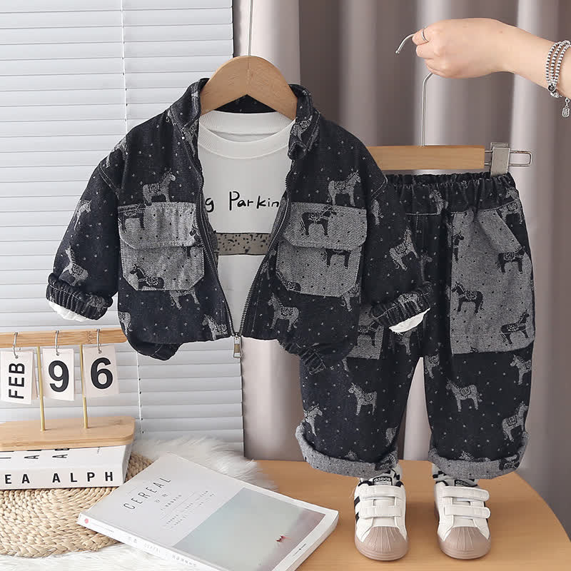 Toddler Baby Horse Denim Jacket and Pants 3-piece Set - Black - 4-5T - image 2