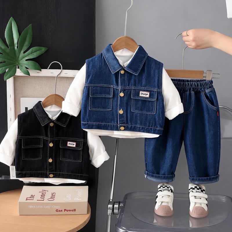 Baby Toddler Casual Denim Vest and Pants 3-piece Set - image 1