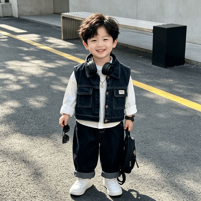 Baby Toddler Casual Denim Vest and Pants 3-piece Set - Black - 4-5T - image 2