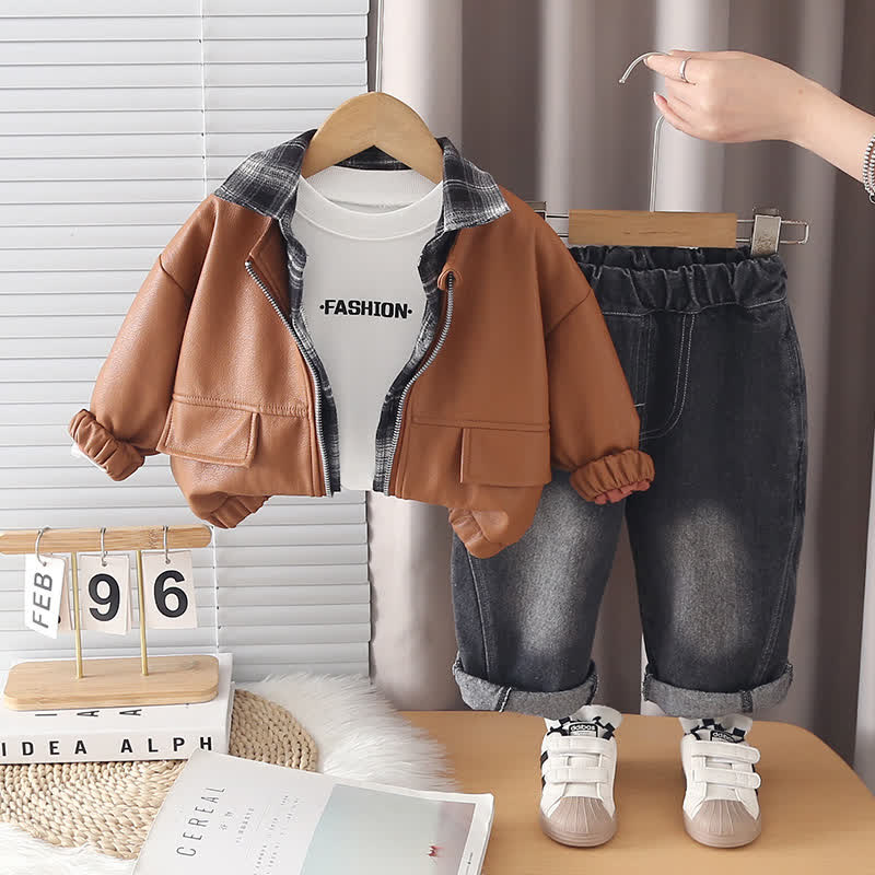 FASHION Toddler Baby Boy Jacket and Denim Pants 3-piece Set - Brown - 4-5T - image 4