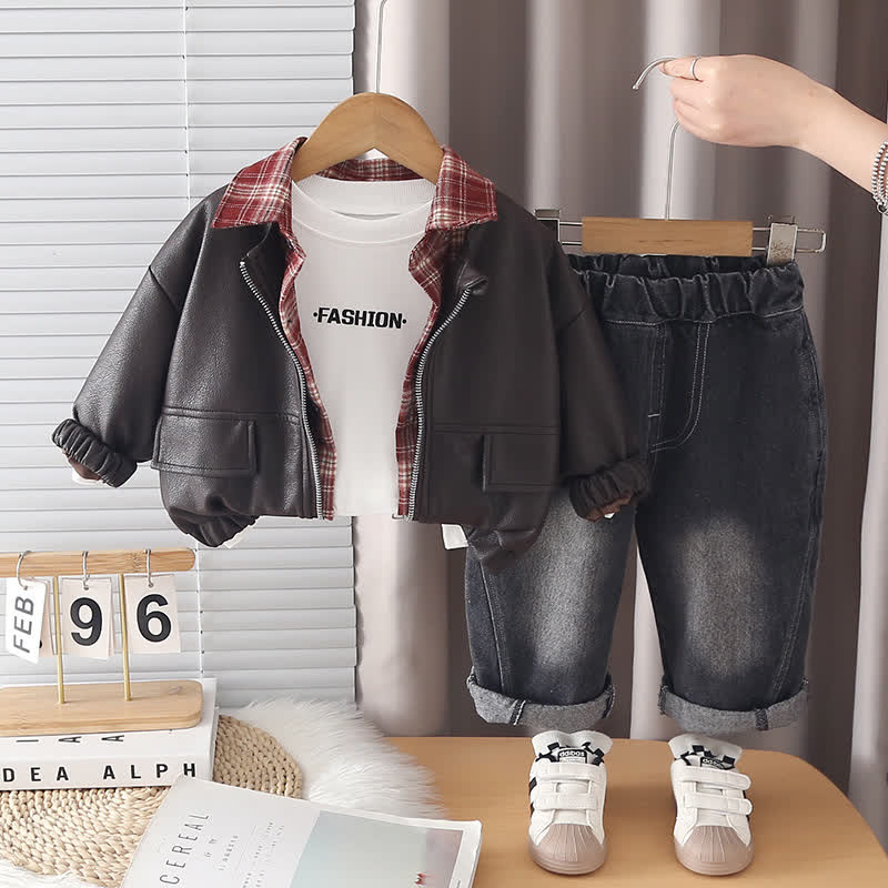FASHION Toddler Baby Boy Jacket and Denim Pants 3-piece Set - Coffee - 4-5T - image 3