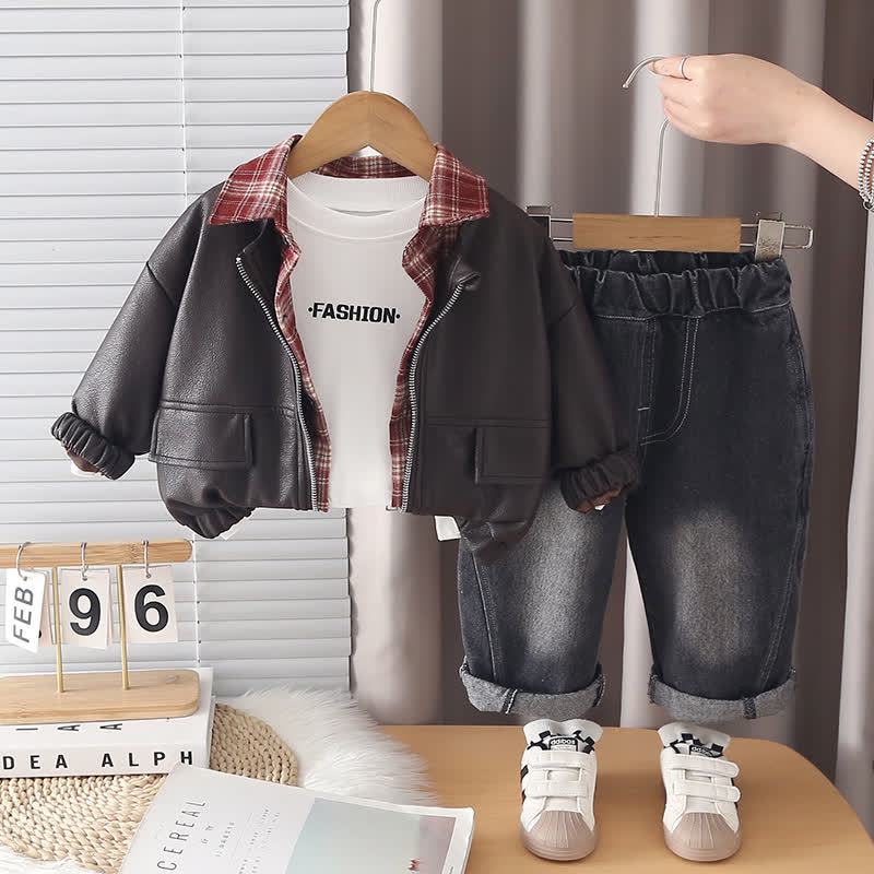 FASHION Toddler Baby Boy Jacket and Denim Pants 3-piece Set - Coffee - 4-5T - image 3