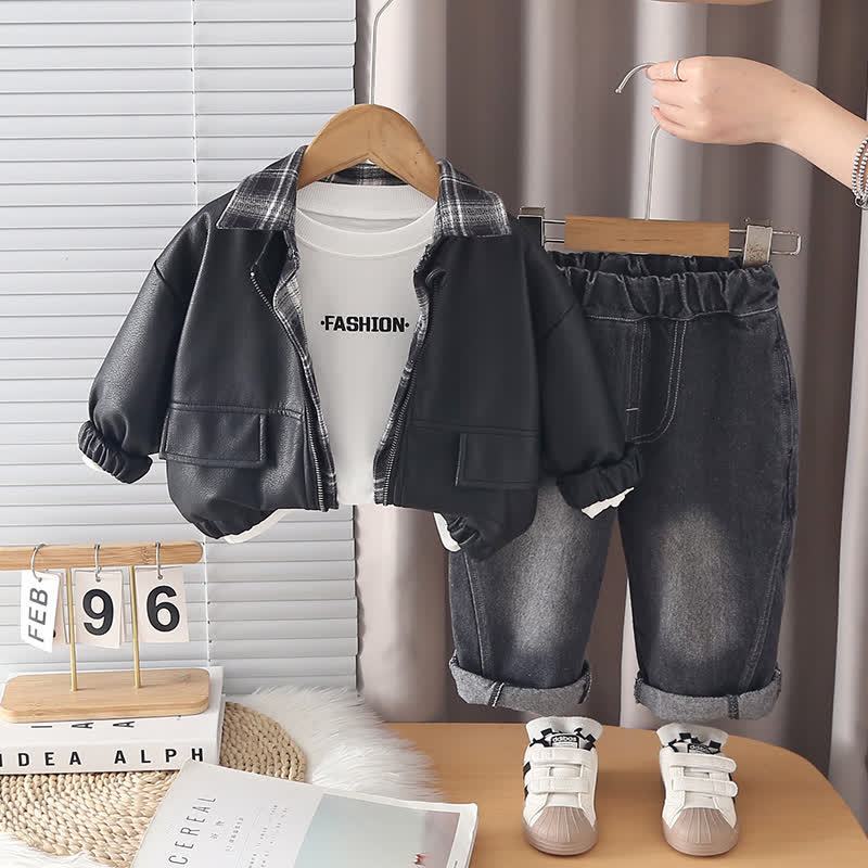 FASHION Toddler Baby Boy Jacket and Denim Pants 3-piece Set - Black - 4-5T - image 2