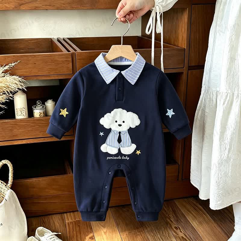 Baby Navy Puppy Applique Striped Collar Romper - Navy - 18-24M - image 1