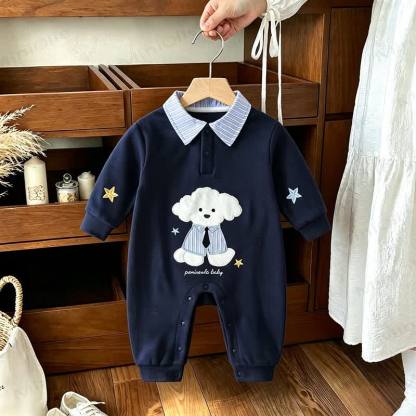Baby Navy Puppy Applique Striped Collar Romper - Navy - 18-24M - image 1
