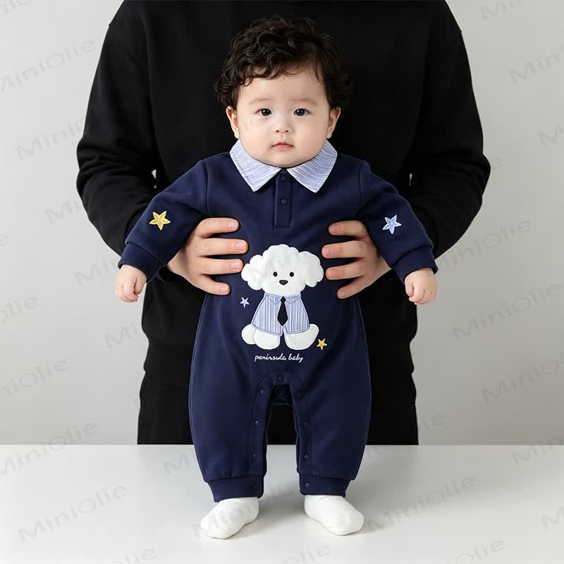 Baby Navy Puppy Applique Striped Collar Romper - image 3