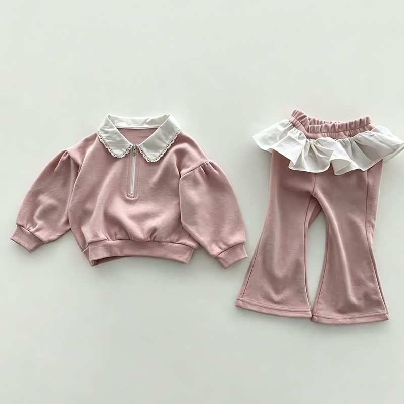 Baby Toddler Girls Ruffle Collar Sweatshirt and Flare Pants 2-piece Set - Pink - 4-5T - image 2