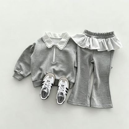 Baby Toddler Girls Ruffle Collar Sweatshirt and Flare Pants 2-piece Set - Gray - 4-5T - image 3