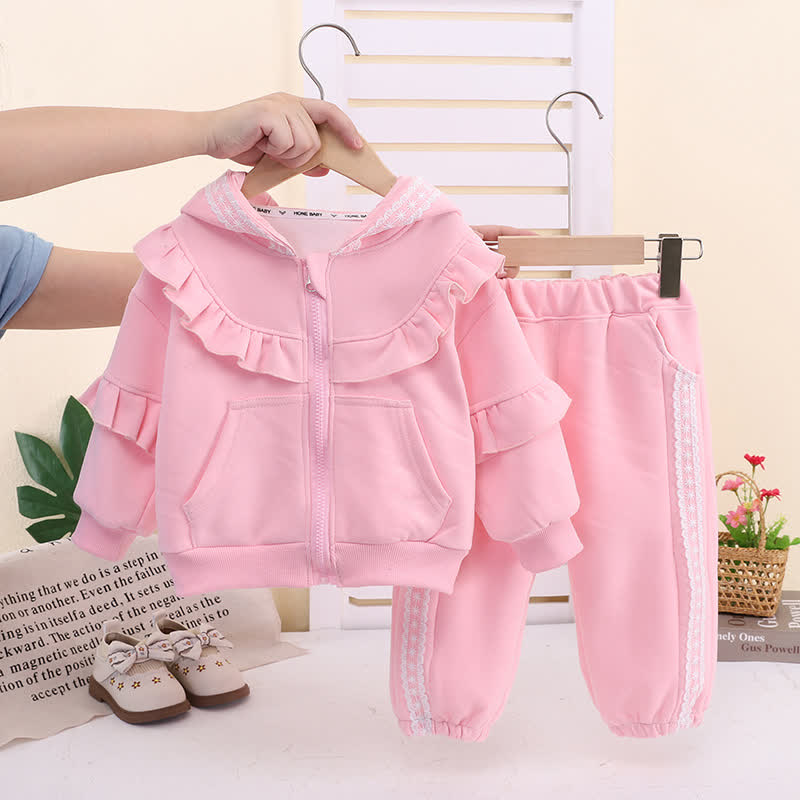 Toddler Girl Lace Trim Ruffle Hoodie and Pants 2-piece Set - Pink - 4-5T - image 1