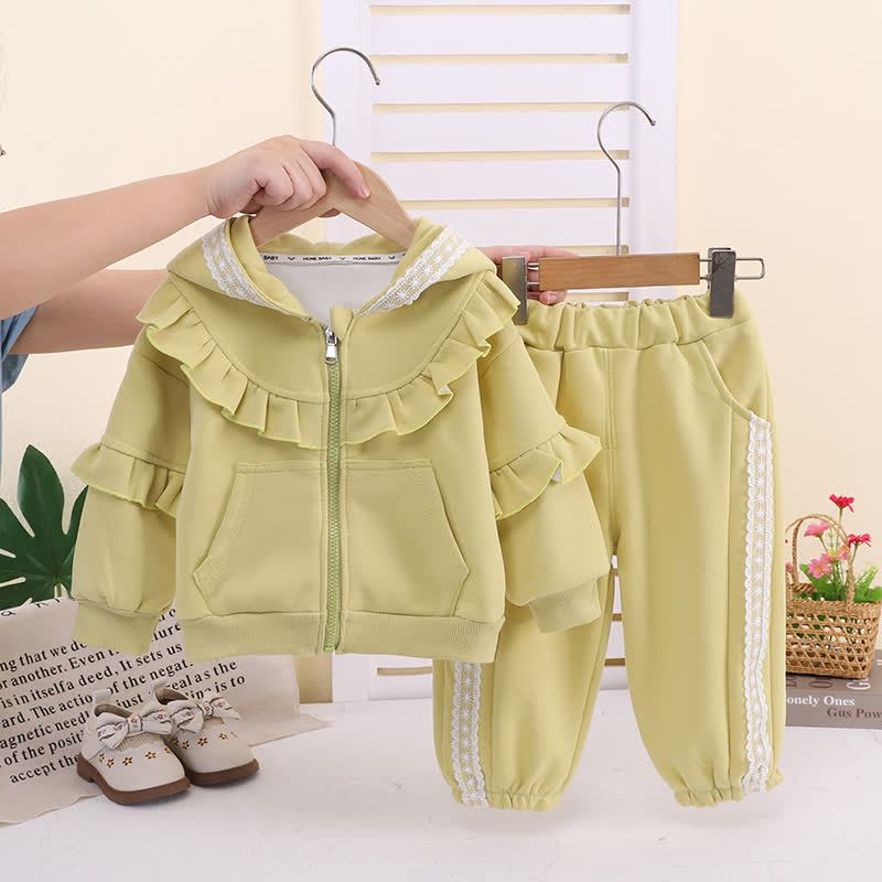 Toddler Girl Lace Trim Ruffle Hoodie and Pants 2-piece Set - Green - 4-5T - image 2