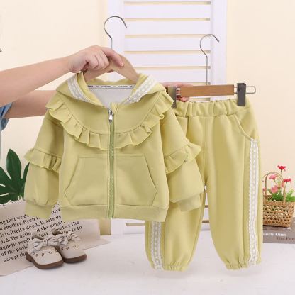 Toddler Girl Lace Trim Ruffle Hoodie and Pants 2-piece Set - Green - 4-5T - image 2