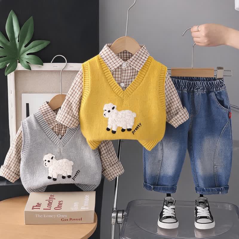 Toddler Baby Lamb Applique Knit Vest and Shirt 3-piece Set - image 1