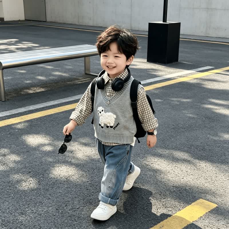 Toddler Baby Lamb Applique Knit Vest and Shirt 3-piece Set - Gray - 4-5T - image 2