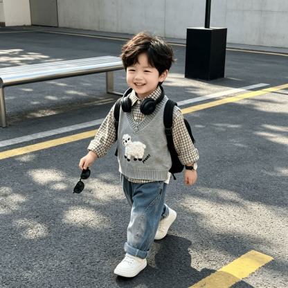 Toddler Baby Lamb Applique Knit Vest and Shirt 3-piece Set - Gray - 4-5T - image 2